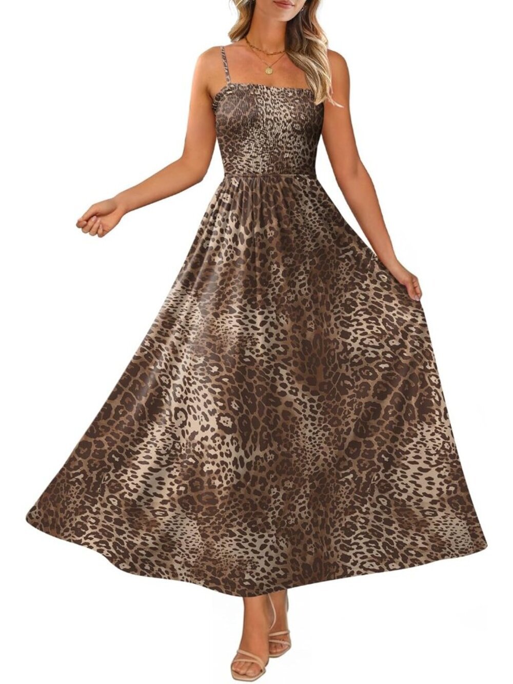 〽️Women Cheetah Print Spaghetti Strap Smocked Casual Beach Boho  Long Maxi Dress